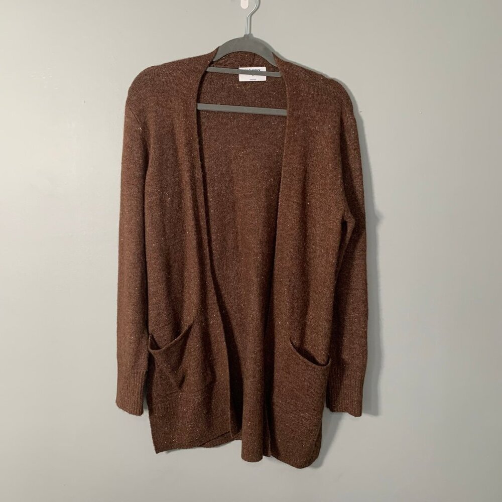 Old Navy Cardigan Women Medium Brown Speckled Knit Open Front Longline Pockets